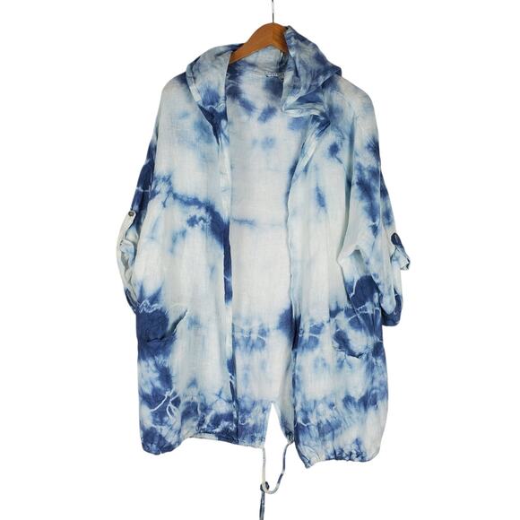 Tempo Paris 100% Linen Hoodie Jacket S/M Tie Dye Lagenlook Boho Beach Cover-Up - Picture 1 of 13